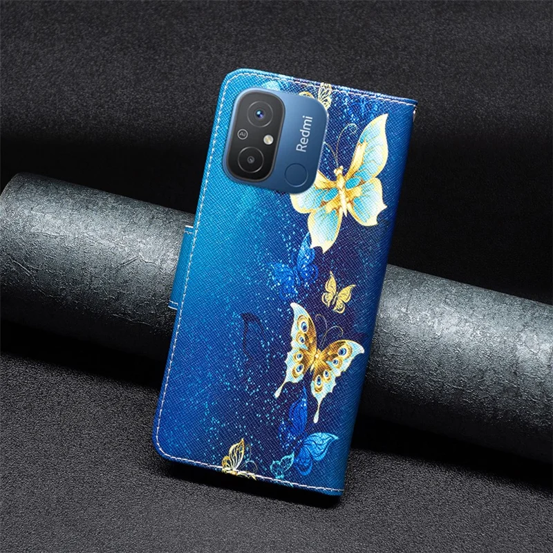For Xiaomi Redmi 12C 4G PU Leather Wallet Phone Case Pattern Printed Stand Flip Protective Phone Cover - Golden Butterflies