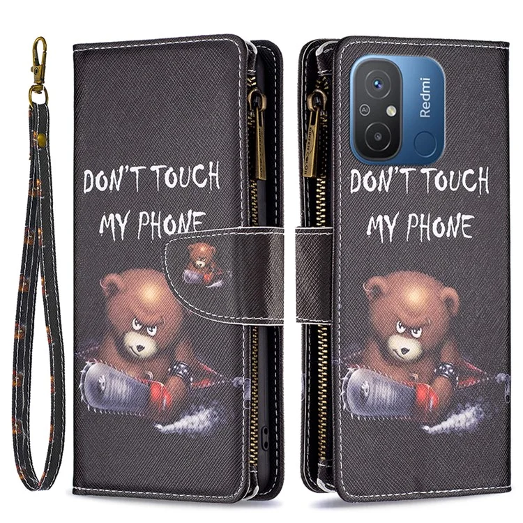 BF03 Custodia per Portafoglio con Zip per Xiaomi Redmi 12C 4G, Cover Flip in Pelle PU con Stampa a Motivi - Orso