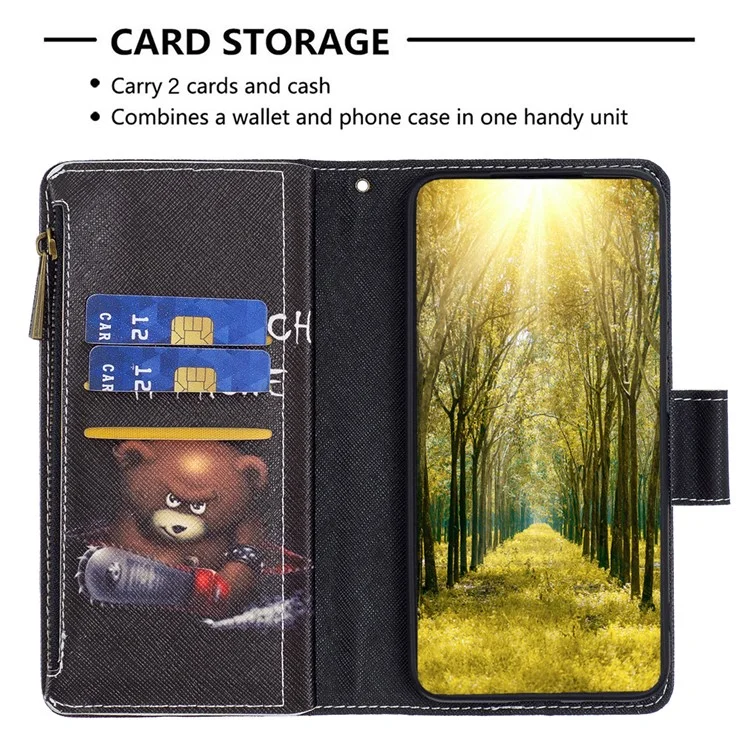 BF03 Custodia per Portafoglio con Zip per Xiaomi Redmi 12C 4G, Cover Flip in Pelle PU con Stampa a Motivi - Orso