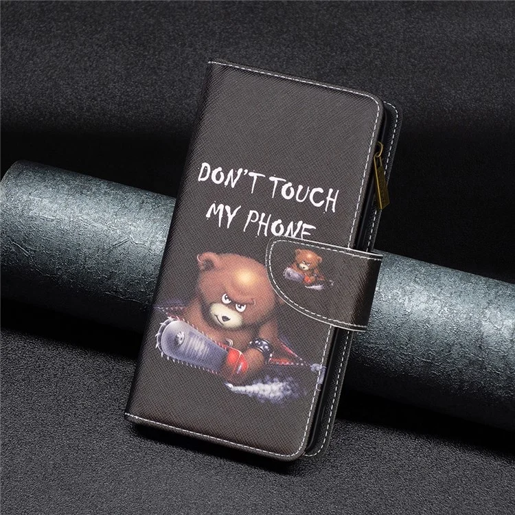 BF03 Custodia per Portafoglio con Zip per Xiaomi Redmi 12C 4G, Cover Flip in Pelle PU con Stampa a Motivi - Orso