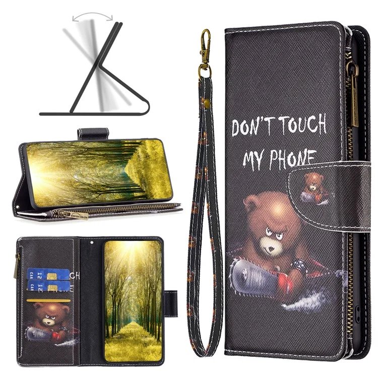 BF03 Custodia per Portafoglio con Zip per Xiaomi Redmi 12C 4G, Cover Flip in Pelle PU con Stampa a Motivi - Orso