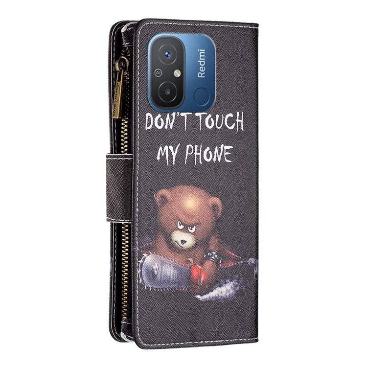 BF03 Custodia per Portafoglio con Zip per Xiaomi Redmi 12C 4G, Cover Flip in Pelle PU con Stampa a Motivi - Orso