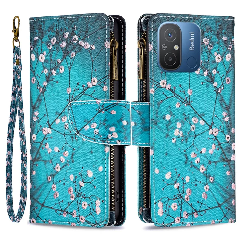 BF03 Zipper Pocket Wallet Phone Case per Xiaomi Redmi 12C 4G, Custodia a Flip Cover in Pelle PU con Stampa a Motivi - Fiore di Prugno