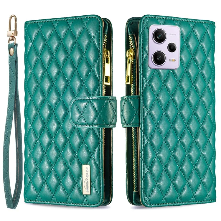 Binfen Color BF Style-15 Pour Xiaomi Redmi Note 12 Pro 5G PU Cuir Case Stand de Poche à Glissière Couverture de Téléphone Avec Sangle - Vert