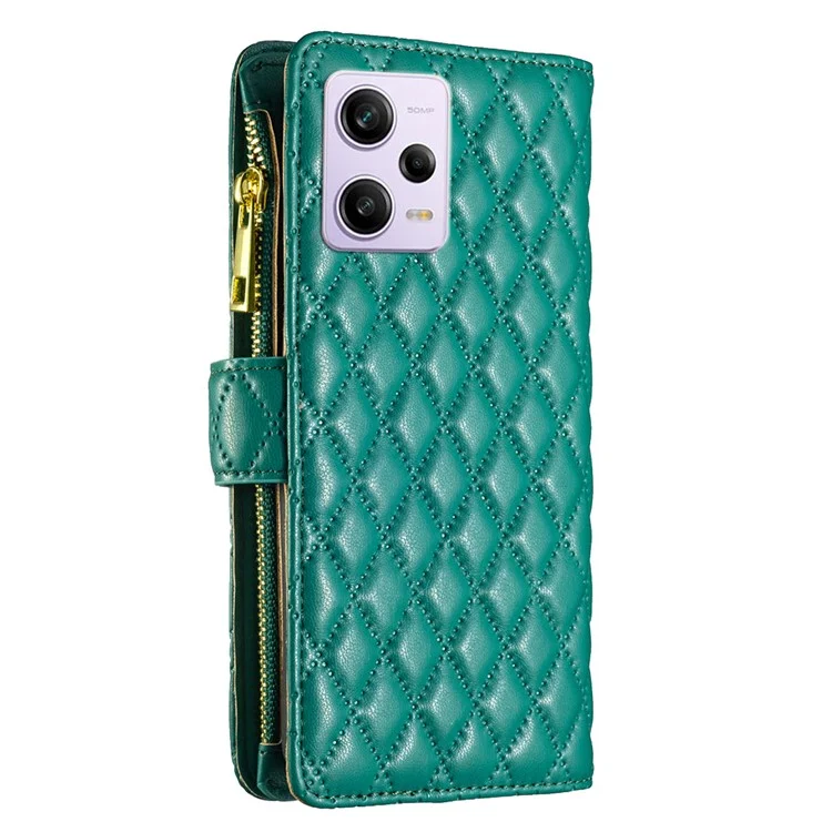 Binfen Color BF Style-15 Pour Xiaomi Redmi Note 12 Pro 5G PU Cuir Case Stand de Poche à Glissière Couverture de Téléphone Avec Sangle - Vert