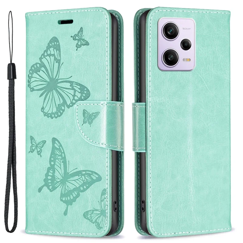 Shockproof Case for Xiaomi Redmi Note 12 Pro 5G / Note 12 Pro Speed 5G / Poco X5 Pro 5G PU Leather Cover Butterfly Imprinted with Strap - Green
