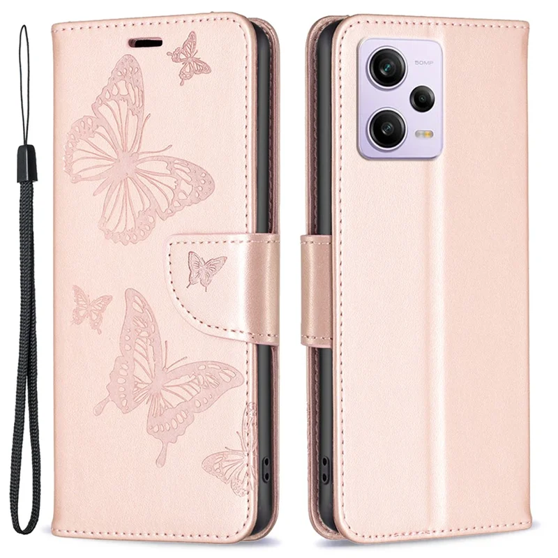 Shockproof Case for Xiaomi Redmi Note 12 Pro 5G / Note 12 Pro Speed 5G / Poco X5 Pro 5G PU Leather Cover Butterfly Imprinted with Strap - Rose Gold