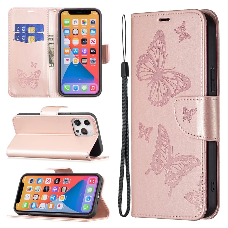 Shockproof Case for Xiaomi Redmi Note 12 Pro 5G / Note 12 Pro Speed 5G / Poco X5 Pro 5G PU Leather Cover Butterfly Imprinted with Strap - Rose Gold