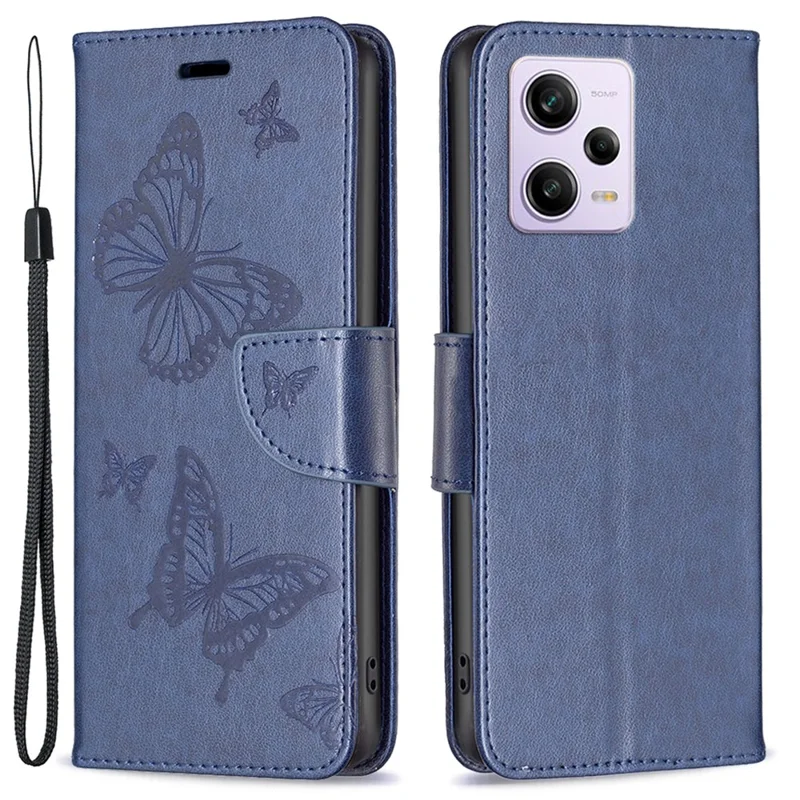 Caso a Prueba de Choque Para Xiaomi Redmi Note 12 Pro 5G PU Cubierta de Cuero Butterfly Impresión de la Billetera Case Con Correa - Azul Oscuro