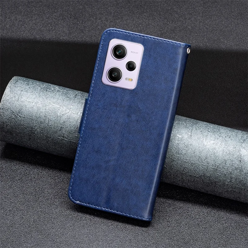 Caso a Prueba de Choque Para Xiaomi Redmi Note 12 Pro 5G PU Cubierta de Cuero Butterfly Impresión de la Billetera Case Con Correa - Azul Oscuro