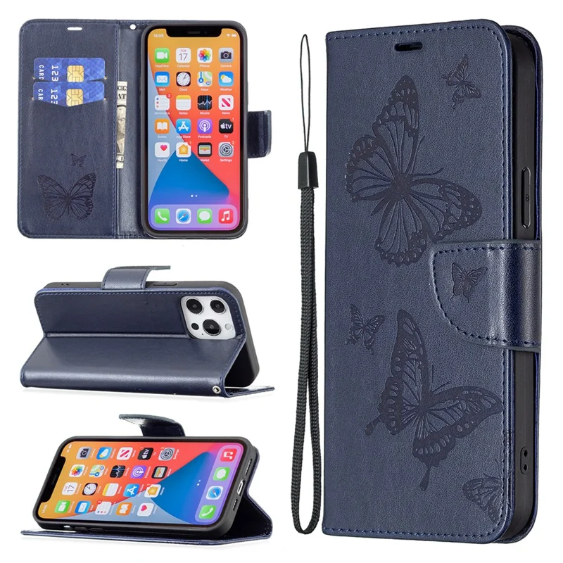 Caso a Prueba de Choque Para Xiaomi Redmi Note 12 Pro 5G PU Cubierta de Cuero Butterfly Impresión de la Billetera Case Con Correa - Azul Oscuro