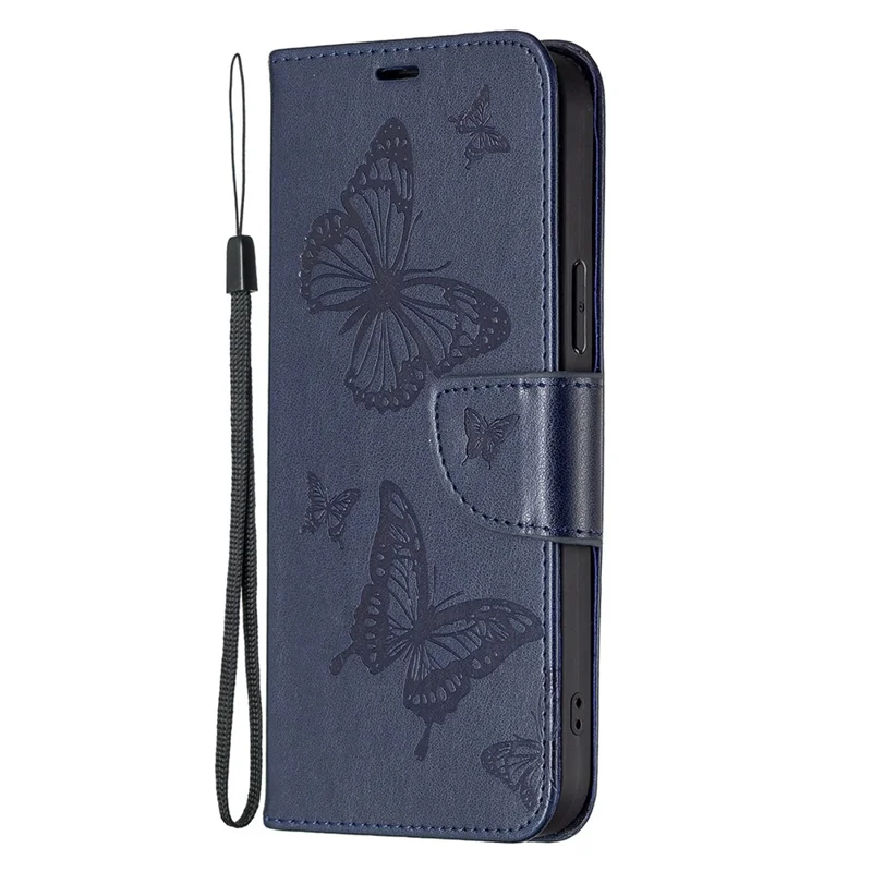 Caso a Prueba de Choque Para Xiaomi Redmi Note 12 Pro 5G PU Cubierta de Cuero Butterfly Impresión de la Billetera Case Con Correa - Azul Oscuro