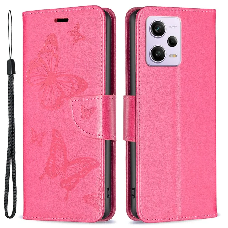 Étui antichoc pour Xiaomi Redmi Note 12 Pro 5G / Note 12 Pro Speed 5G / Poco X5 Pro 5G Étui portefeuille en cuir PU avec papillon imprimé avec bandoulière - Rose