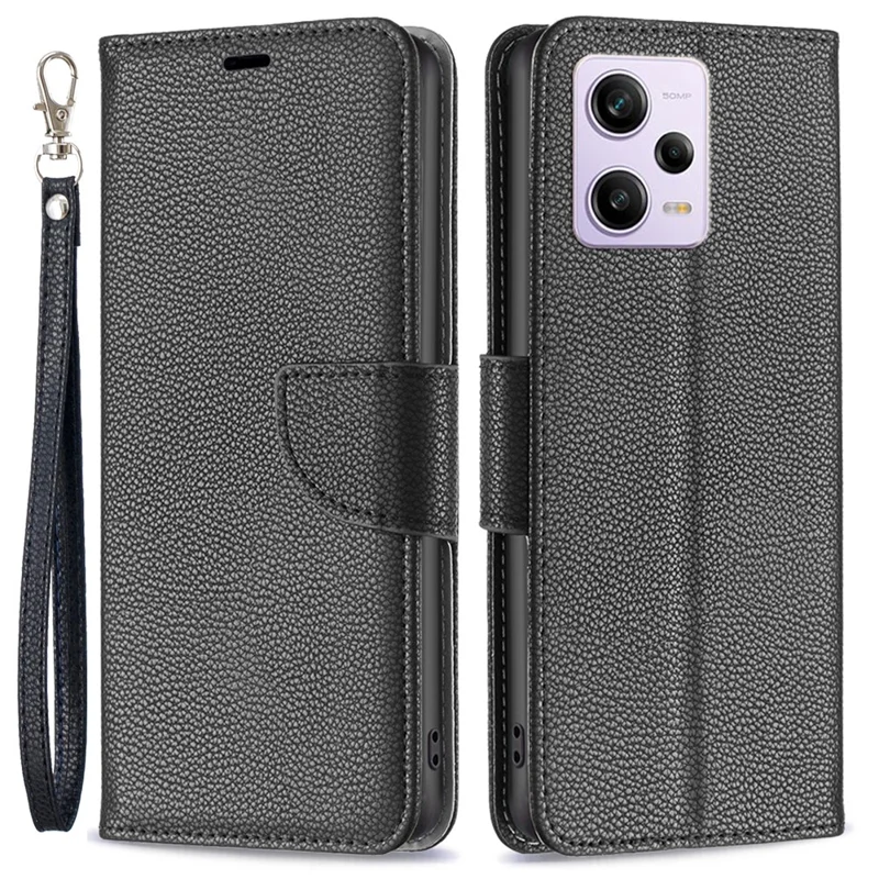 Wallet Phone Case for Xiaomi Redmi Note 12 Pro 5G / Note 12 Pro Speed 5G / Poco X5 Pro 5G Wallet Case with Wrist Strap Litchi Texture Leather Phone Stand Cover - Black