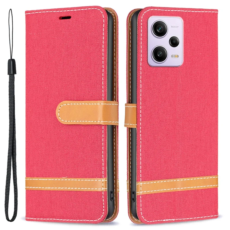 For Xiaomi Redmi Note 12 Pro 5G / Note 12 Pro Speed 5G / Poco X5 Pro 5G Wallet Phone Case Jeans Cloth Texture Flip Leather Cover Protective Stand Cover - Red