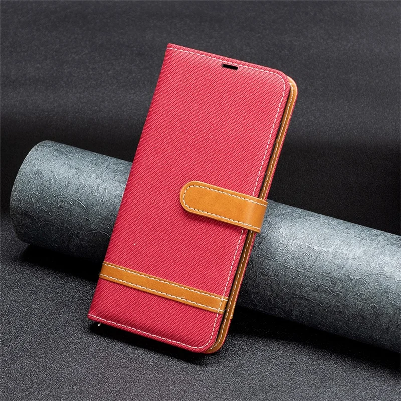 For Xiaomi Redmi Note 12 Pro 5G / Note 12 Pro Speed 5G / Poco X5 Pro 5G Wallet Phone Case Jeans Cloth Texture Flip Leather Cover Protective Stand Cover - Red