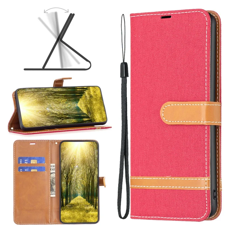 For Xiaomi Redmi Note 12 Pro 5G / Note 12 Pro Speed 5G / Poco X5 Pro 5G Wallet Phone Case Jeans Cloth Texture Flip Leather Cover Protective Stand Cover - Red