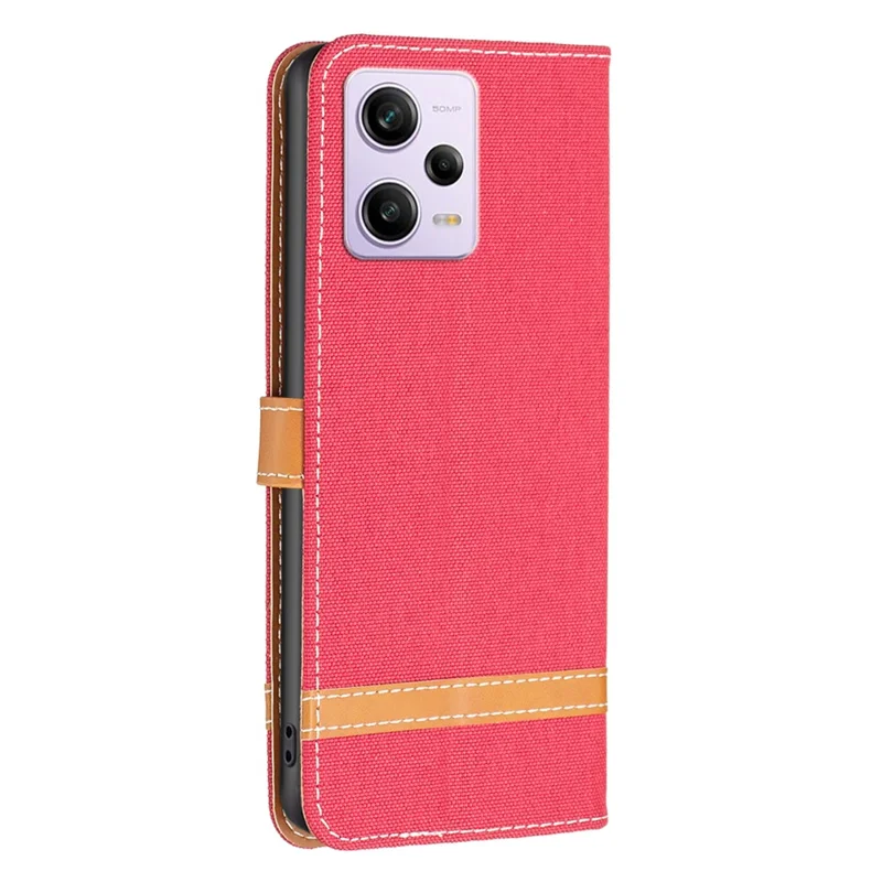 For Xiaomi Redmi Note 12 Pro 5G / Note 12 Pro Speed 5G / Poco X5 Pro 5G Wallet Phone Case Jeans Cloth Texture Flip Leather Cover Protective Stand Cover - Red