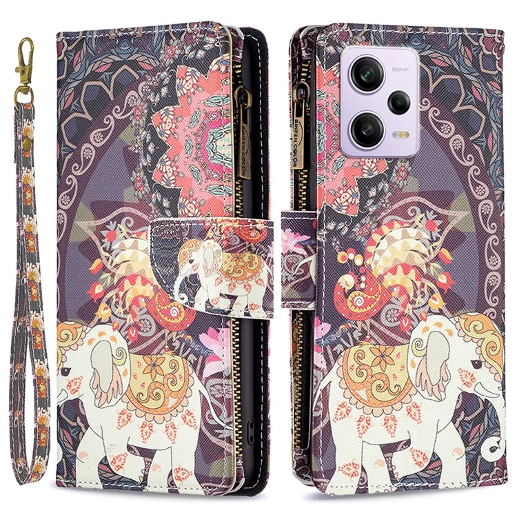 BF03 Estuche de teléfono con bolsillo con cremallera para Xiaomi Redmi Note 12 Pro 5G / Note 12 Pro Speed 5G / Poco X5 Pro 5G, funda de billetera de cuero PU con soporte y estampado - Flores y elefante