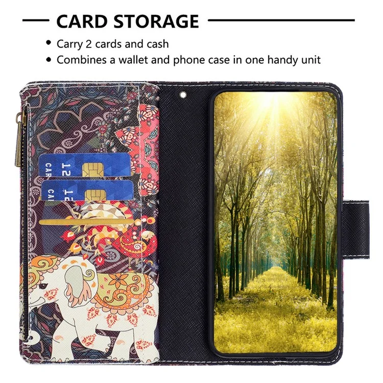 BF03 Estuche de teléfono con bolsillo con cremallera para Xiaomi Redmi Note 12 Pro 5G / Note 12 Pro Speed 5G / Poco X5 Pro 5G, funda de billetera de cuero PU con soporte y estampado - Flores y elefante