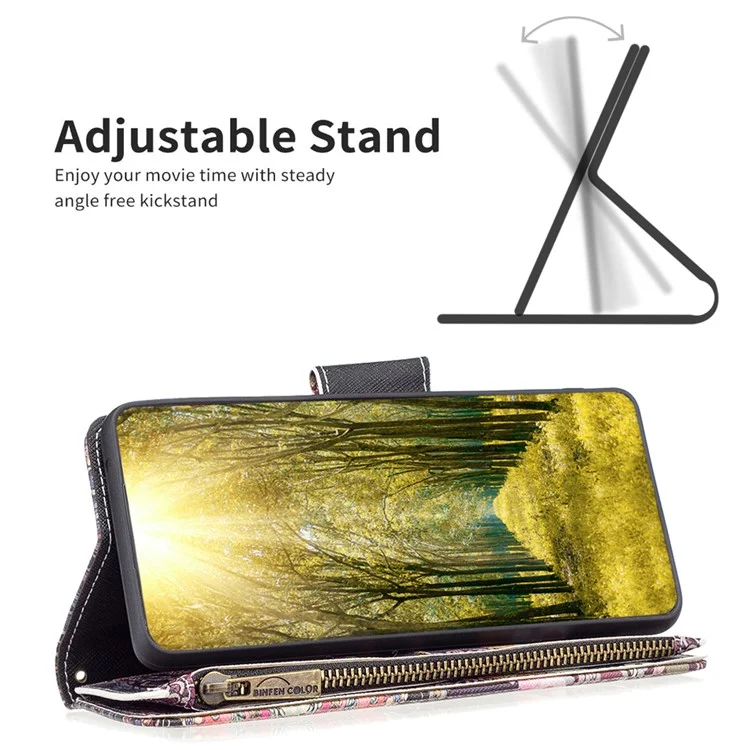 BF03 Estuche de teléfono con bolsillo con cremallera para Xiaomi Redmi Note 12 Pro 5G / Note 12 Pro Speed 5G / Poco X5 Pro 5G, funda de billetera de cuero PU con soporte y estampado - Flores y elefante