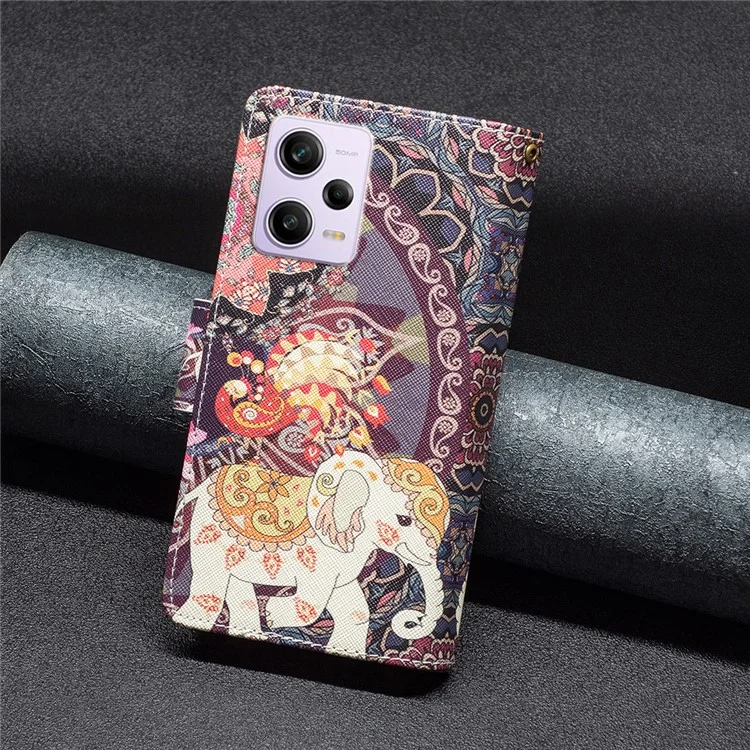 BF03 Estuche de teléfono con bolsillo con cremallera para Xiaomi Redmi Note 12 Pro 5G / Note 12 Pro Speed 5G / Poco X5 Pro 5G, funda de billetera de cuero PU con soporte y estampado - Flores y elefante