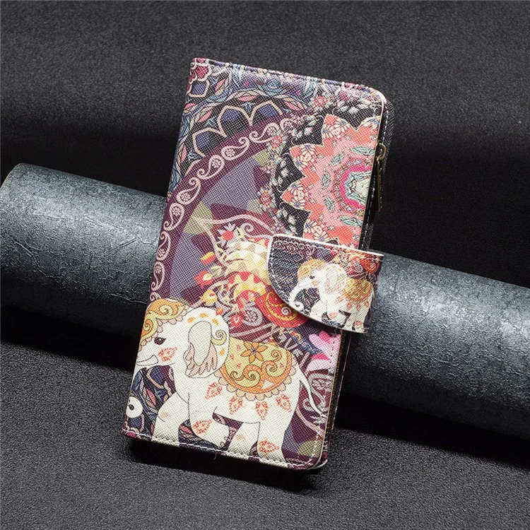 BF03 Estuche de teléfono con bolsillo con cremallera para Xiaomi Redmi Note 12 Pro 5G / Note 12 Pro Speed 5G / Poco X5 Pro 5G, funda de billetera de cuero PU con soporte y estampado - Flores y elefante