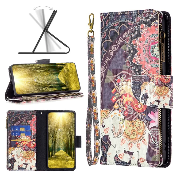 BF03 Estuche de teléfono con bolsillo con cremallera para Xiaomi Redmi Note 12 Pro 5G / Note 12 Pro Speed 5G / Poco X5 Pro 5G, funda de billetera de cuero PU con soporte y estampado - Flores y elefante