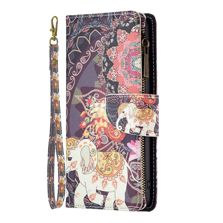 BF03 Estuche de teléfono con bolsillo con cremallera para Xiaomi Redmi Note 12 Pro 5G / Note 12 Pro Speed 5G / Poco X5 Pro 5G, funda de billetera de cuero PU con soporte y estampado - Flores y elefante