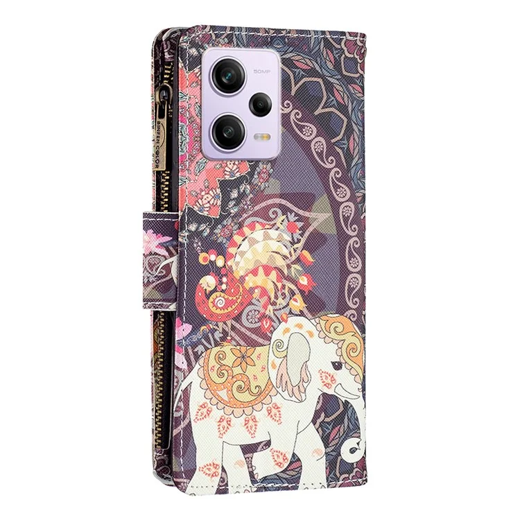 BF03 Estuche de teléfono con bolsillo con cremallera para Xiaomi Redmi Note 12 Pro 5G / Note 12 Pro Speed 5G / Poco X5 Pro 5G, funda de billetera de cuero PU con soporte y estampado - Flores y elefante