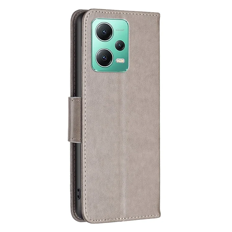 Кожаный чехол-кошелек для Xiaomi Redmi Note 12 5G (Global) / (India) / (China) / Poco X5 5G с принтом бабочки и ремешком - Серый