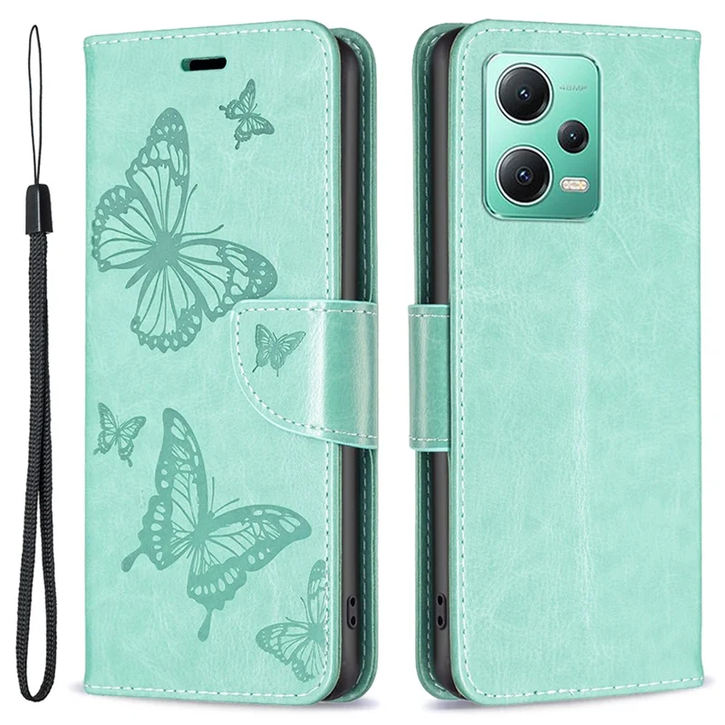 PU Leather Case voor Xiaomi Redmi Note 12 5G (Global) / (India) / (China) / Poco X5 5G Portemonnee Hoesje met Vlinderprint en Strap - Groen