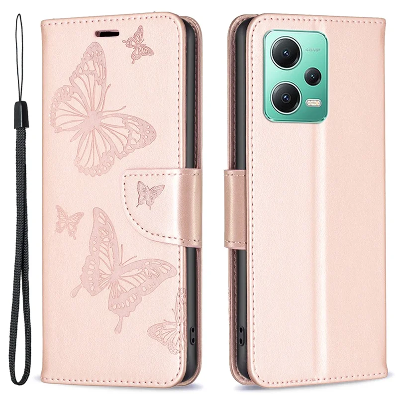 PU Leather Case for Xiaomi Redmi Note 12 5G (Global) / (India) / (China) / Poco X5 5G Wallet Phone Cover Butterfly Imprinted with Strap - Rose Gold