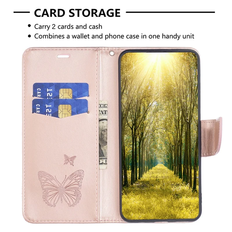 PU Leather Case for Xiaomi Redmi Note 12 5G (Global) / (India) / (China) / Poco X5 5G Wallet Phone Cover Butterfly Imprinted with Strap - Rose Gold