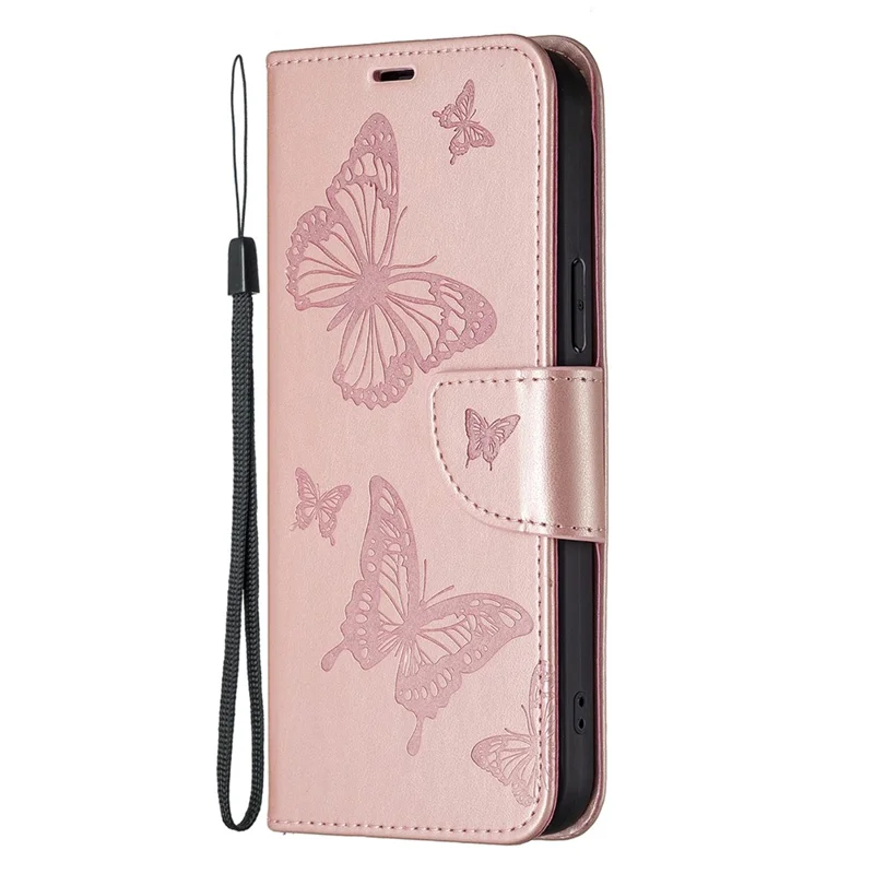PU Leather Case for Xiaomi Redmi Note 12 5G (Global) / (India) / (China) / Poco X5 5G Wallet Phone Cover Butterfly Imprinted with Strap - Rose Gold