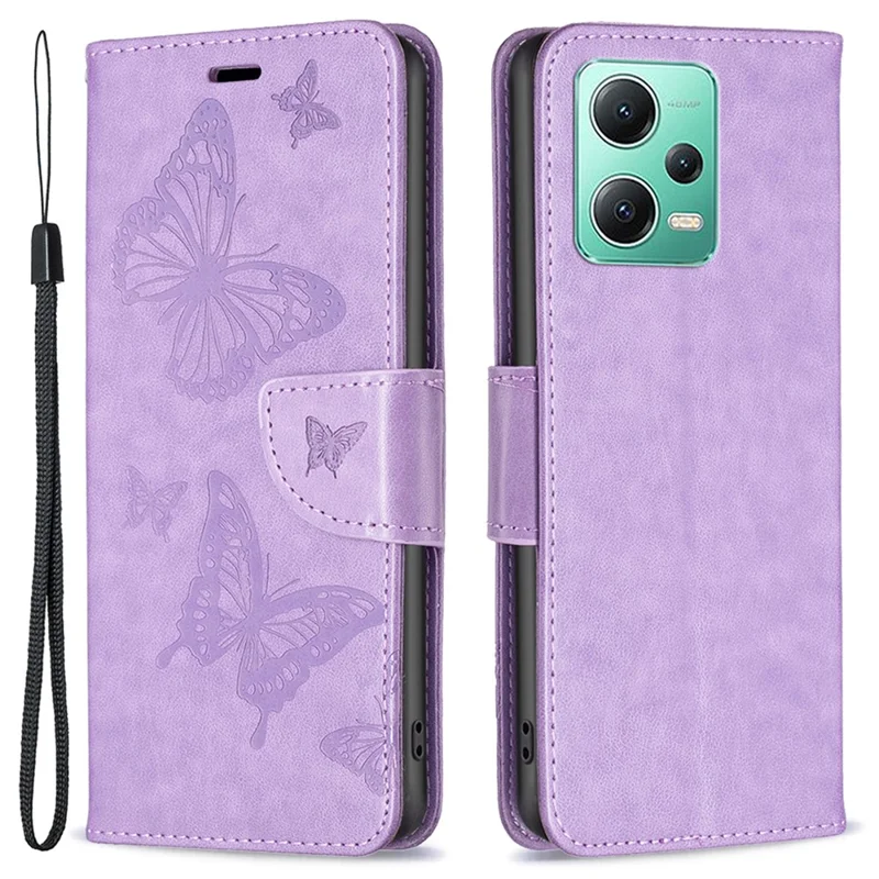 PU Leather Case for Xiaomi Redmi Note 12 5G (Global) / (India) / (China) / Poco X5 5G Wallet Phone Cover Butterfly Imprinted with Strap - Purple