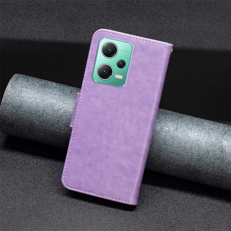 PU Leather Case for Xiaomi Redmi Note 12 5G (Global) / (India) / (China) / Poco X5 5G Wallet Phone Cover Butterfly Imprinted with Strap - Purple