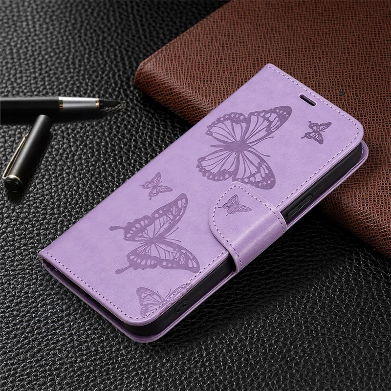 PU Leather Case for Xiaomi Redmi Note 12 5G (Global) / (India) / (China) / Poco X5 5G Wallet Phone Cover Butterfly Imprinted with Strap - Purple