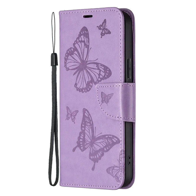 PU Leather Case for Xiaomi Redmi Note 12 5G (Global) / (India) / (China) / Poco X5 5G Wallet Phone Cover Butterfly Imprinted with Strap - Purple
