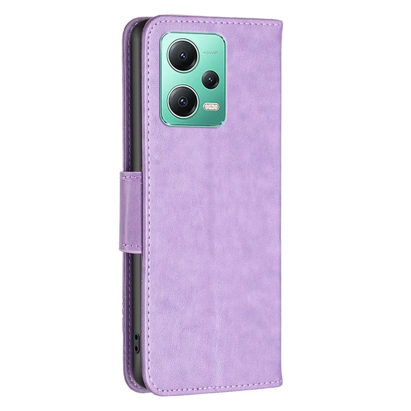 PU Leather Case for Xiaomi Redmi Note 12 5G (Global) / (India) / (China) / Poco X5 5G Wallet Phone Cover Butterfly Imprinted with Strap - Purple