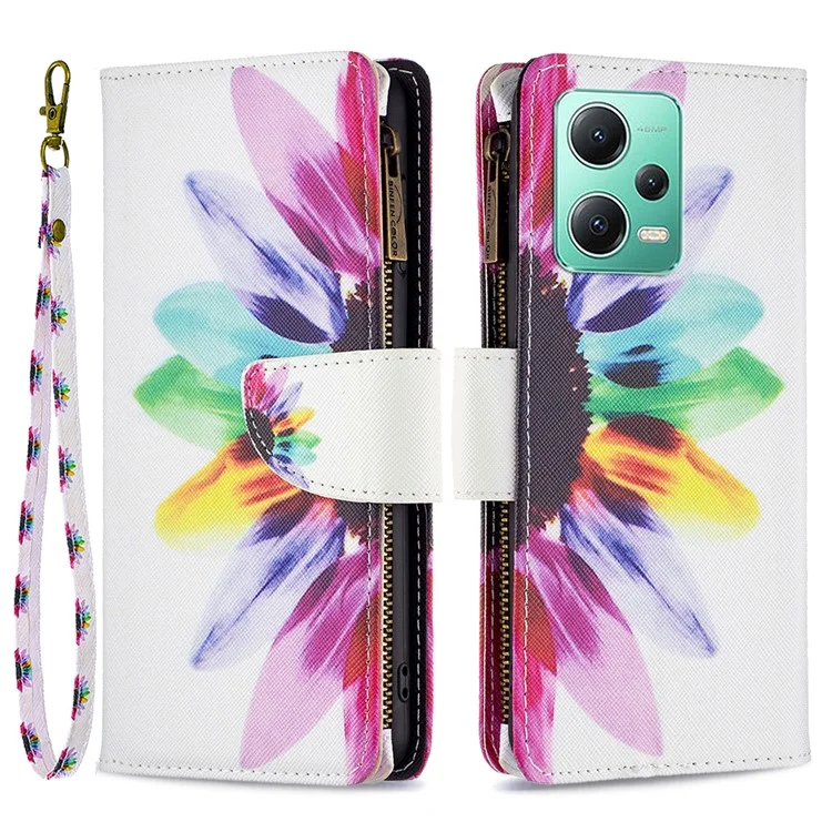 Étui en cuir PU pour Xiaomi Redmi Note 12 5G (Global) / (Inde) / (Chine) / Poco X5 5G, impression de motif à fermeture éclair BF03 Wallet Cover avec support - Tournesol