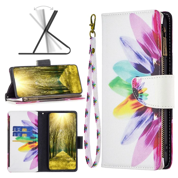 Étui en cuir PU pour Xiaomi Redmi Note 12 5G (Global) / (Inde) / (Chine) / Poco X5 5G, impression de motif à fermeture éclair BF03 Wallet Cover avec support - Tournesol