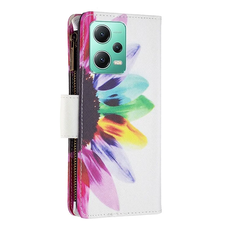 Étui en cuir PU pour Xiaomi Redmi Note 12 5G (Global) / (Inde) / (Chine) / Poco X5 5G, impression de motif à fermeture éclair BF03 Wallet Cover avec support - Tournesol