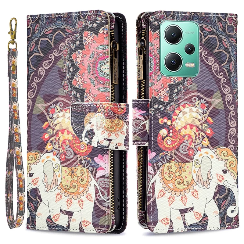 Custodia per telefono in ecopelle per Xiaomi Redmi Note 12 5G (Global) / (India) / (China) / Poco X5 5G con stampa a motivo zip portafoglio - Fiori ed elefante