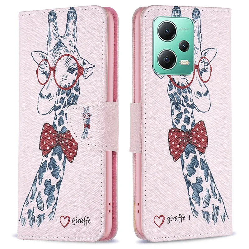 For Xiaomi Poco X5 5G / Redmi Note 12 5G (Global) / (India) / (China) Pattern Printing Phone Case Flip Stand PU Leather Wallet Cover - Giraffe