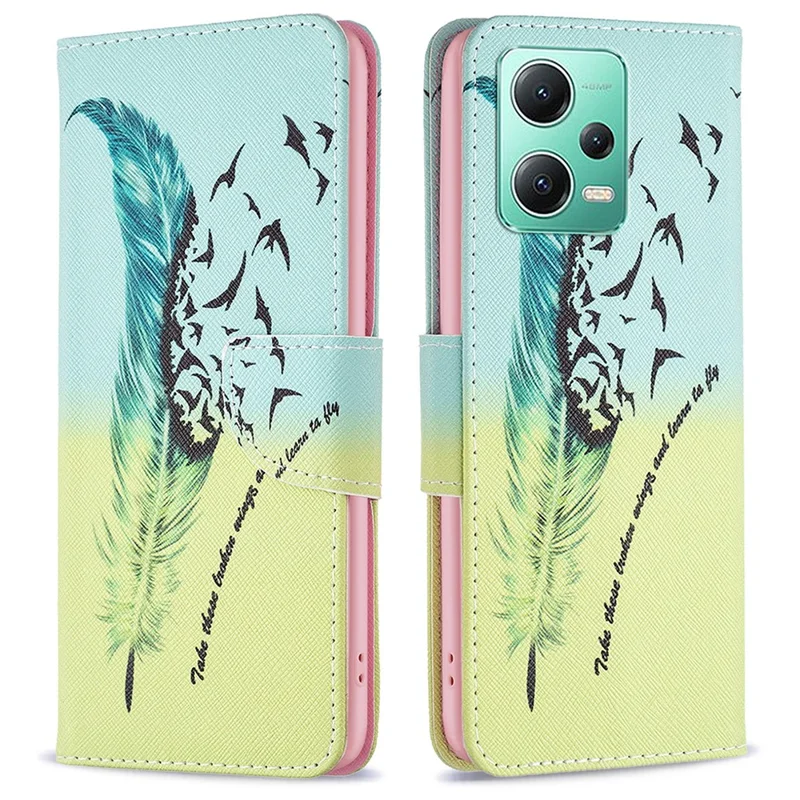 For Xiaomi Poco X5 5G / Redmi Note 12 5G (Global) / (India) / (China) Pattern Printing Phone Case Flip Stand PU Leather Wallet Cover - Feather