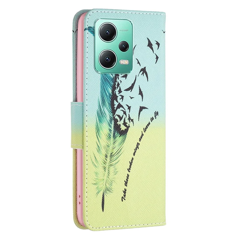 For Xiaomi Poco X5 5G / Redmi Note 12 5G (Global) / (India) / (China) Pattern Printing Phone Case Flip Stand PU Leather Wallet Cover - Feather
