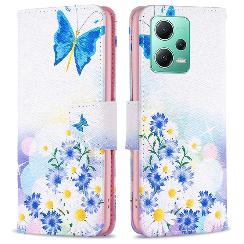 Для Xiaomi Poco X5 5G / Redmi Note 12 5G (Global) / (India) / (China) Чехол-книжка для телефона с цветочным принтом, кожаный кошелек с подставкой - Бабочки и цветы