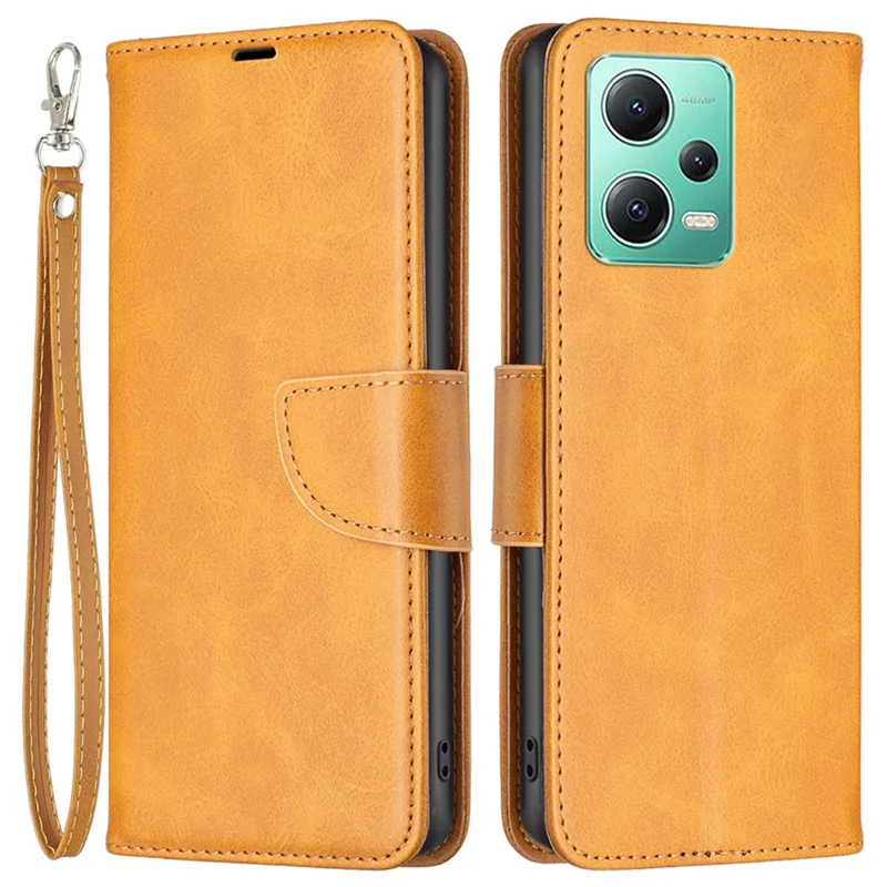 For Xiaomi Poco X5 5G / Redmi Note 12 5G (Global) / (India) / (China) Case Smooth Leather Wallet Stand Mobile Phone Cover with Strap - Yellow