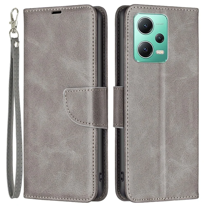 For Xiaomi Poco X5 5G / Redmi Note 12 5G (Global) / (India) / (China) Case Smooth Leather Wallet Stand Mobile Phone Cover with Strap - Grey